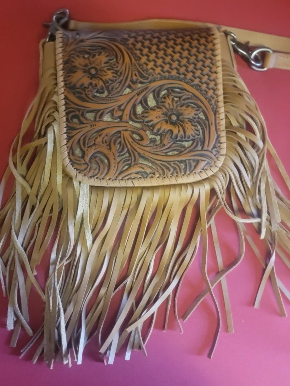 Montana West Genuine Leather Tooled Floral Fringe Crossbody Bag Western Boho